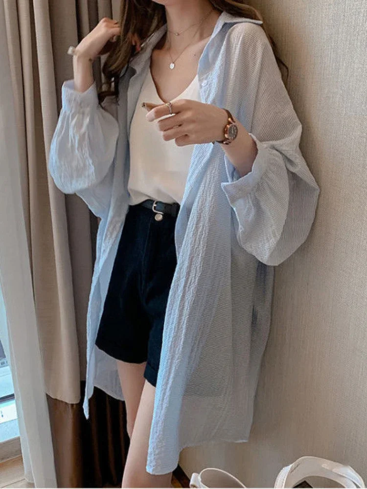 

Sun-proof Shirts Women Baggy Leisure Casual Chic All-match Feminine Blusas New Summer Korean Simple Long Sleeve Holiday Hot Sale