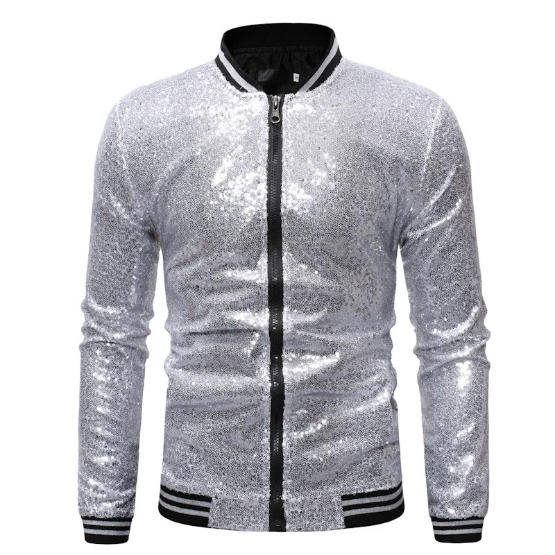 #4128 Outerwear Streetwear Jacket Men Gold Silver Black Red Blue Shinny Sequined Jacket Dance Hip Hop Jacket Homme Zipper Spring