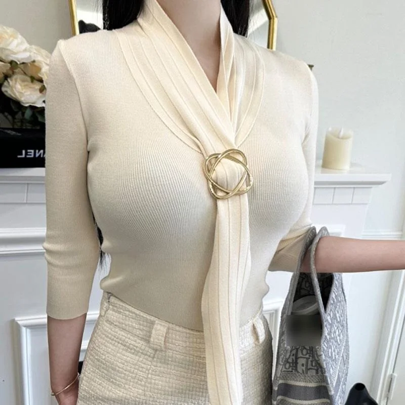 

Ele Women's Knitwear Slim Fit Sve Design Sa Sexy Seven-Quarter Length V-Ne Regular Thin Spring Season Pure Color