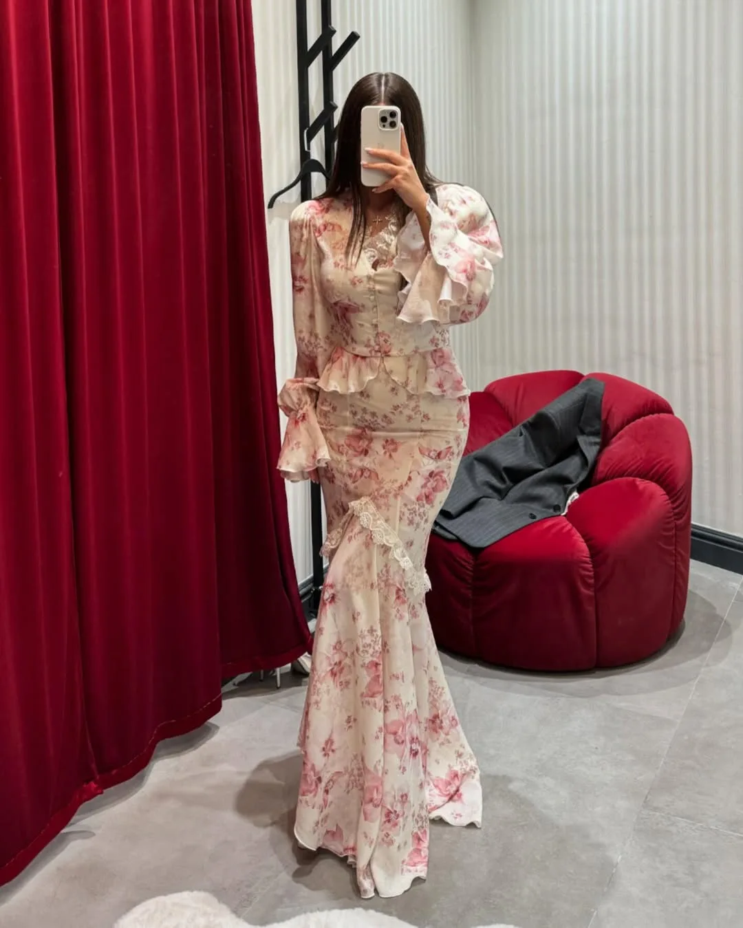 

Fashion Printing Lace Skirt Outfit Spring Women V-neck Flare Sleeves Top+High Waist Slim Knee Length Skirt Autumn Two Piece Set
