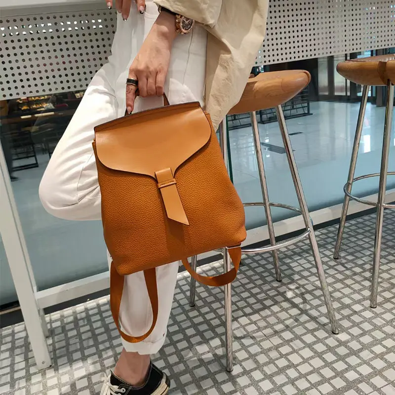 Double Shoulder Bag Women Head Layer Cowhide Stitching Contrast Color Luxury Brand Bag Fashion Versatile Large Capacity Backpack