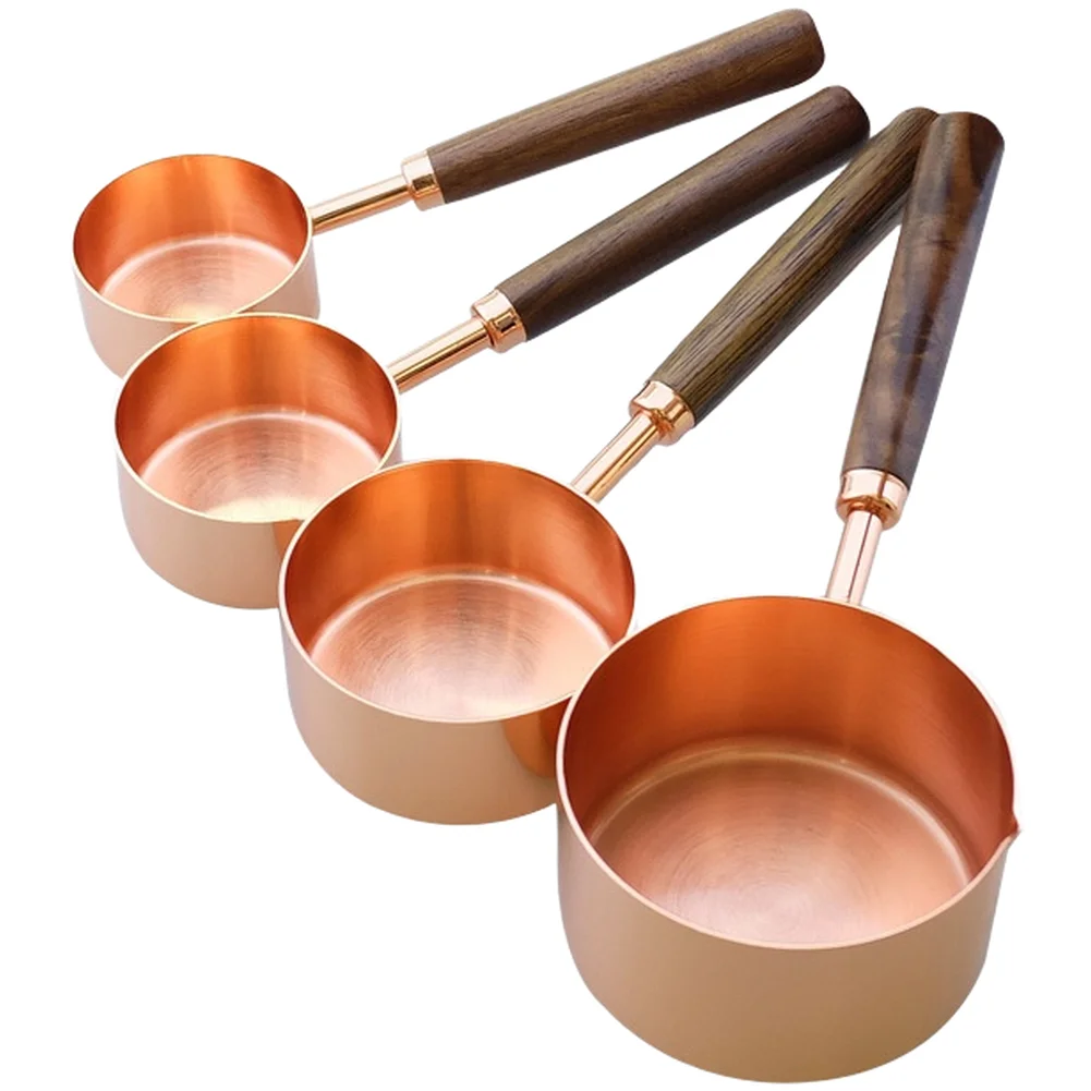 Stainless Steel Measuring Cup Set 4 pcs Gold Color Walnut Handle for Coffee Seasoning Control and Baking Measurements