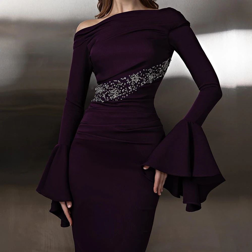 Robe de soirée de forme sirène, personnalisée, longueur au sol, col bateau, manches longues, robe de bal, plissée en cristal, Simple, drapée