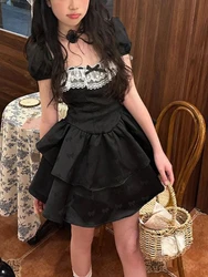 Summer New Fashion Mini Dresses American Black Gothic Evening Party Clothing Women Elegant Sweet Lace Short Dress Vintage Chic