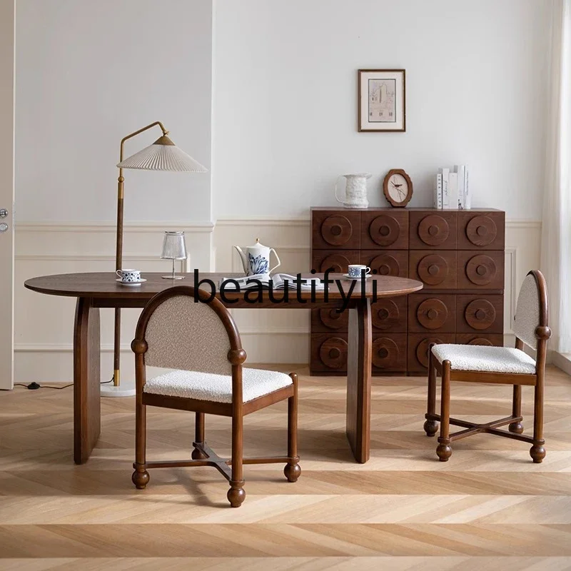 

French retro solid wood desk antique oval dining table and chairs light luxury curved desk writing desk