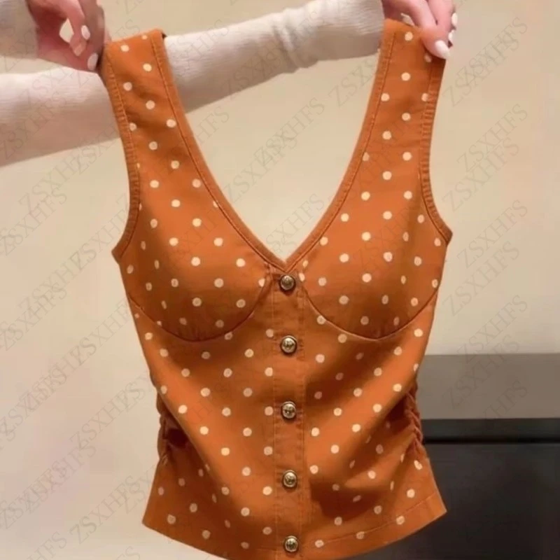 French Orang polka dot Crop Top Women Clothes Sweet Streetwear Summer Vintage Sling Tops Aesthetic Y2k Sexy Harajuku Low Cut Top