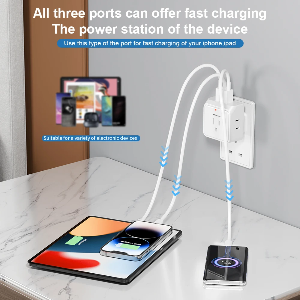 KOSHARE US to UK Plug Adapter Travel Plug Adapter, Ireland Scotland Dubai Power Adapter with 3 Outlets And 3 USB Ports