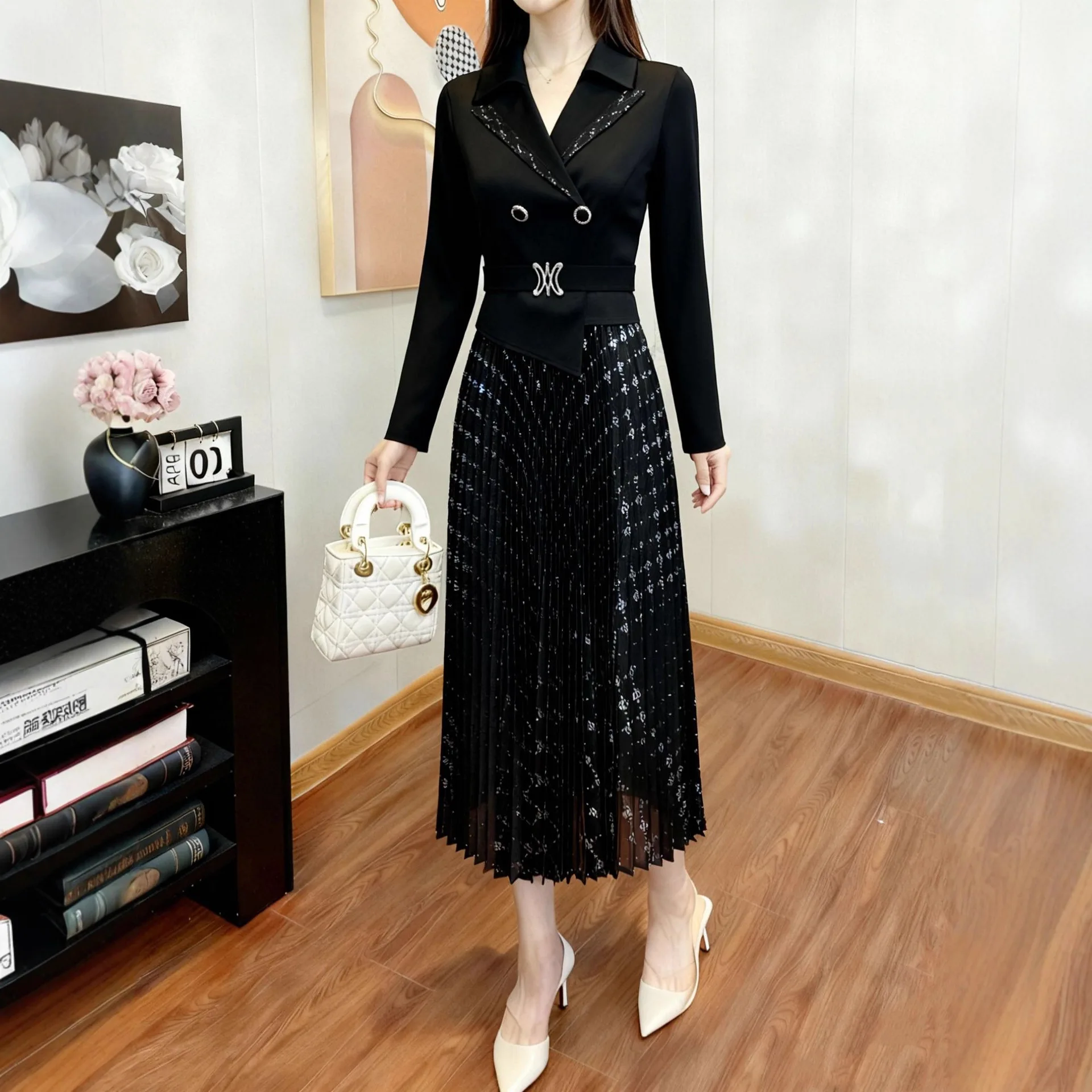 مياكي بالجملة جديد 2025 الخريف البرنز حبة التلبيب مطوي فستان الملابس النسائية مزاجه فستان طويل فضفاض