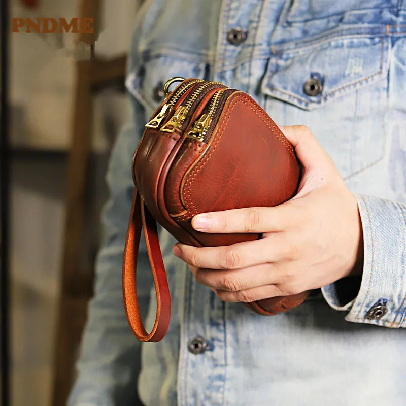 

PNDME high-quality real cowhide handmade men clutch bag original handmade genuine leather large-capacity multi-zipper wallet