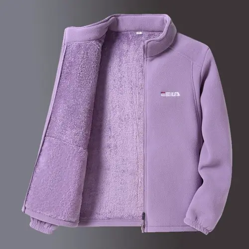 Imagen 1 del producto Sudadera gruesa de terciopelo de cordero con cremallera para mujer, cárdigan informal bordado, chaqueta holgada cálida con cuello levantado, sudadera a prueba de viento