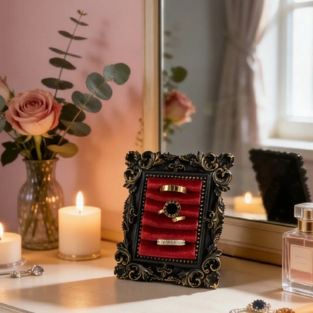 Black Golden Photo Frame Jewelry Display Stand Velvet Gothic Dark Style Ring Display Holder Vintage Baroque Design