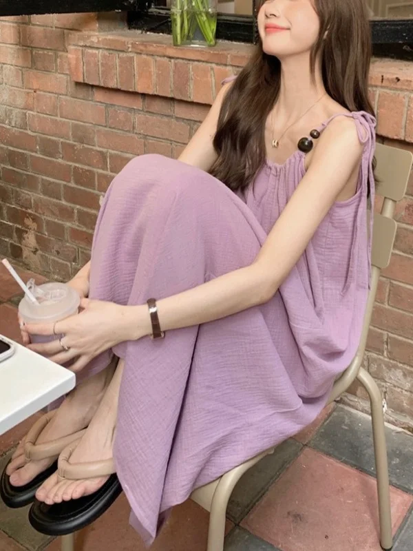 New Chinese Sle Summer 2025 Women's Long Dr Vaion Vibes Strap Design Gentle Tie Waist H-aped Korean Version Loose W...