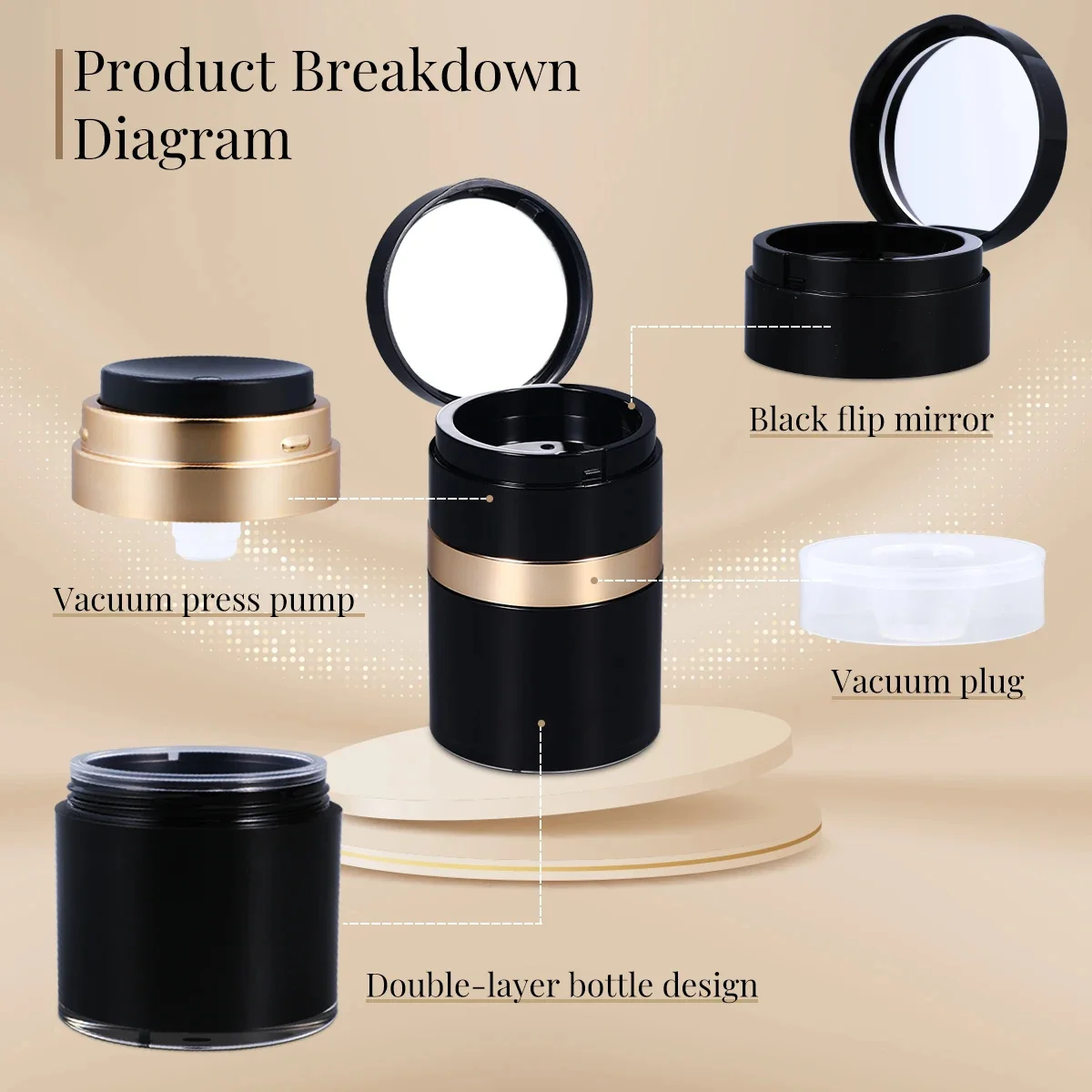 10 pcs 30ml Black Airless Pump Jar Refillable Cream Vacuum Bottle Travel Size Empty Container with mirror for Cream and Lotion