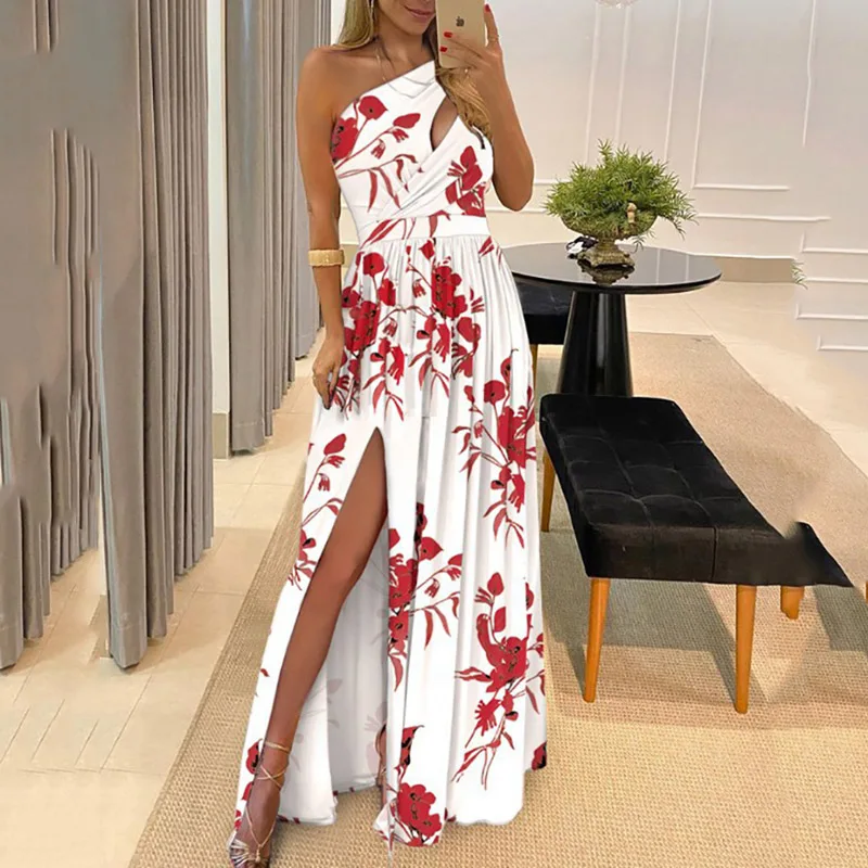 Summer Long Dress New European and American Women's Dress Inclined Shoulder Style High Waist Sexy Split Dress