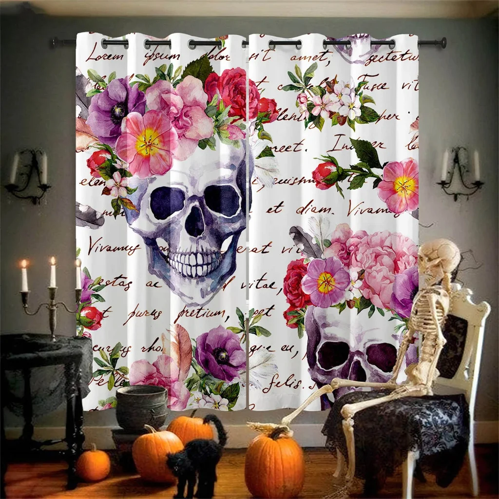 Gothic Skull Rose Curtains Halloween Window Drapes 2 Panels Punk Style Living Room Bedroom Home Decor