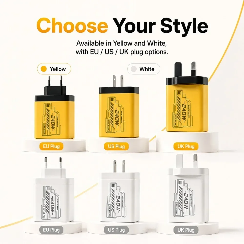 240W GAN Mechanical Fast Charger Multi Port USB Power Adapter Travel Charger Yellow Black White Available EU US Plug