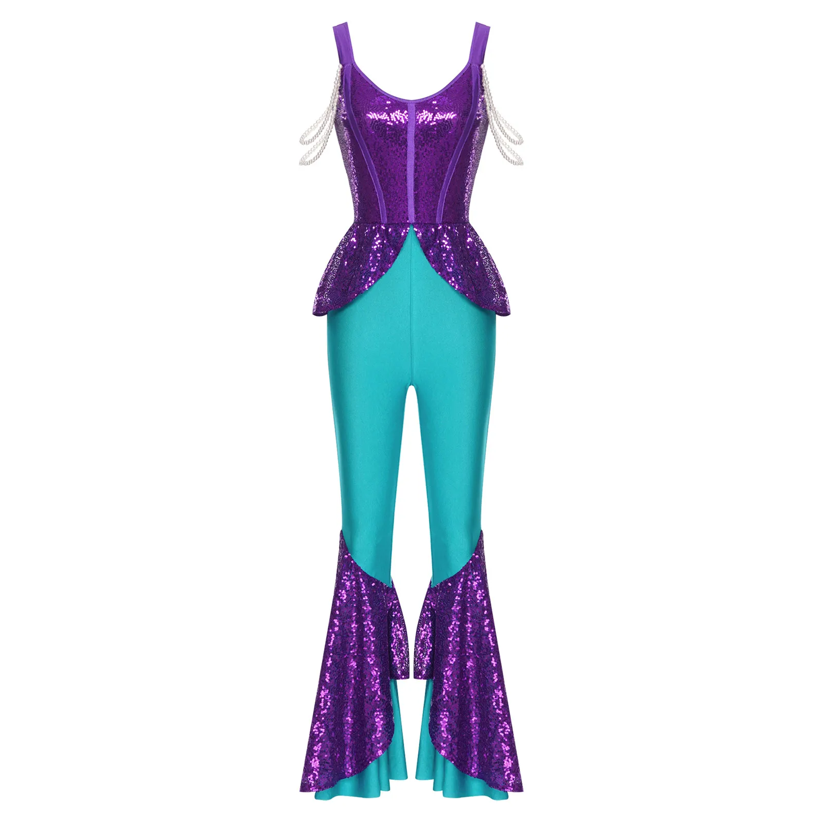 المرأة هالوين حورية البحر بذلة الترتر شبكة أكمام جرس أسفل السراويل السروال القصير ارتداءها المحيط حفلة حورية البحر الأميرة ازياء