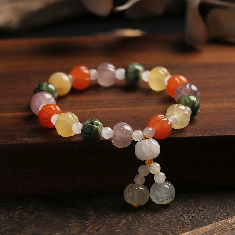 Natural Xinjiang gold silk jade bracelet couple ethnic style pumpkin beads bamboo hanging gourd topaz bracelet