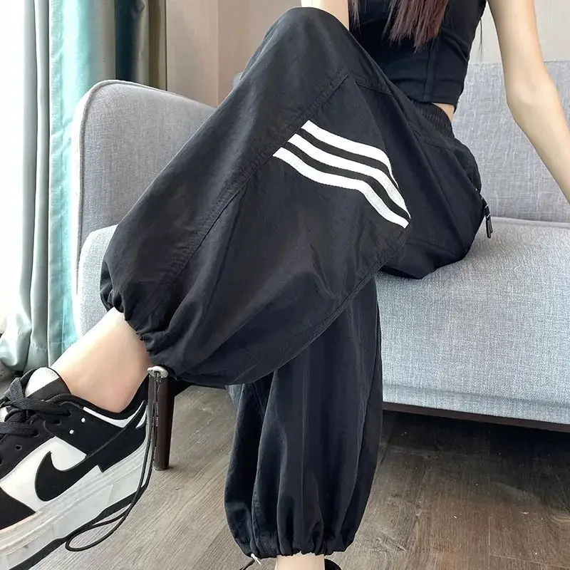 Fashion Versatile Woman Clothing Harajuku Quick Dry Stripes Pants High Waist Ice Silk Spring Summer New Sports Straight Trousers