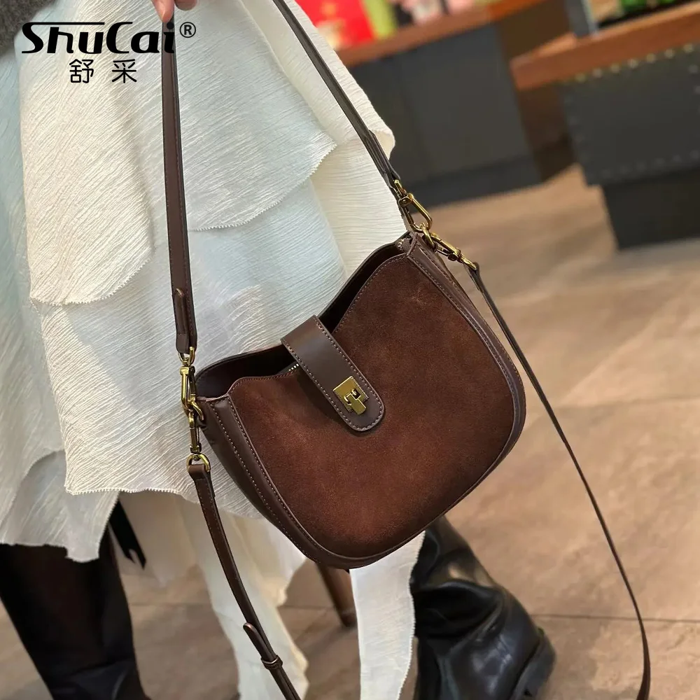 Genuine Suede Cowhide Leather Women Shoulder Crossbody Half Moon Saddle Bag Ladies Underarm Bag Luxury Designer Bucket Purse Bag