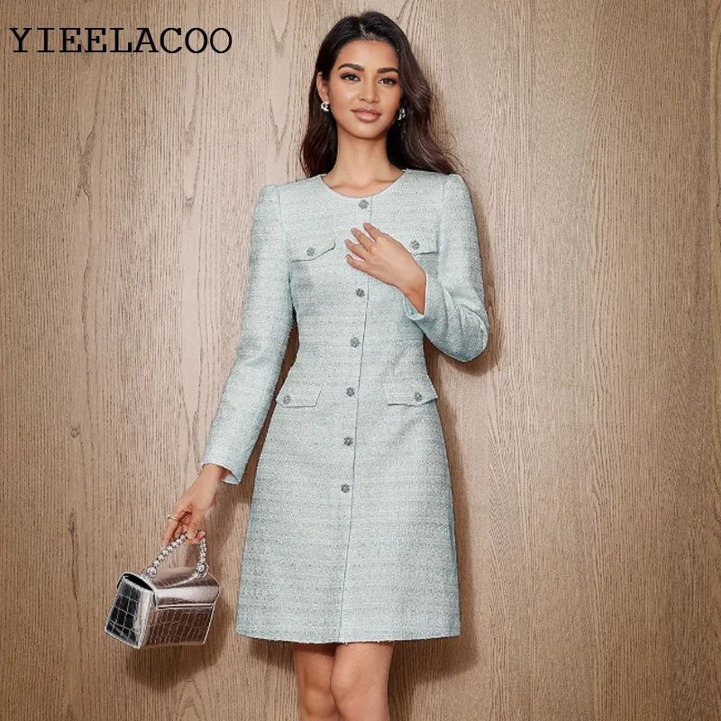 Blue Tweed Dress  2026 spring / autumn women's dress Leisure vacation one-piece  Ladies Classic bottoming dress