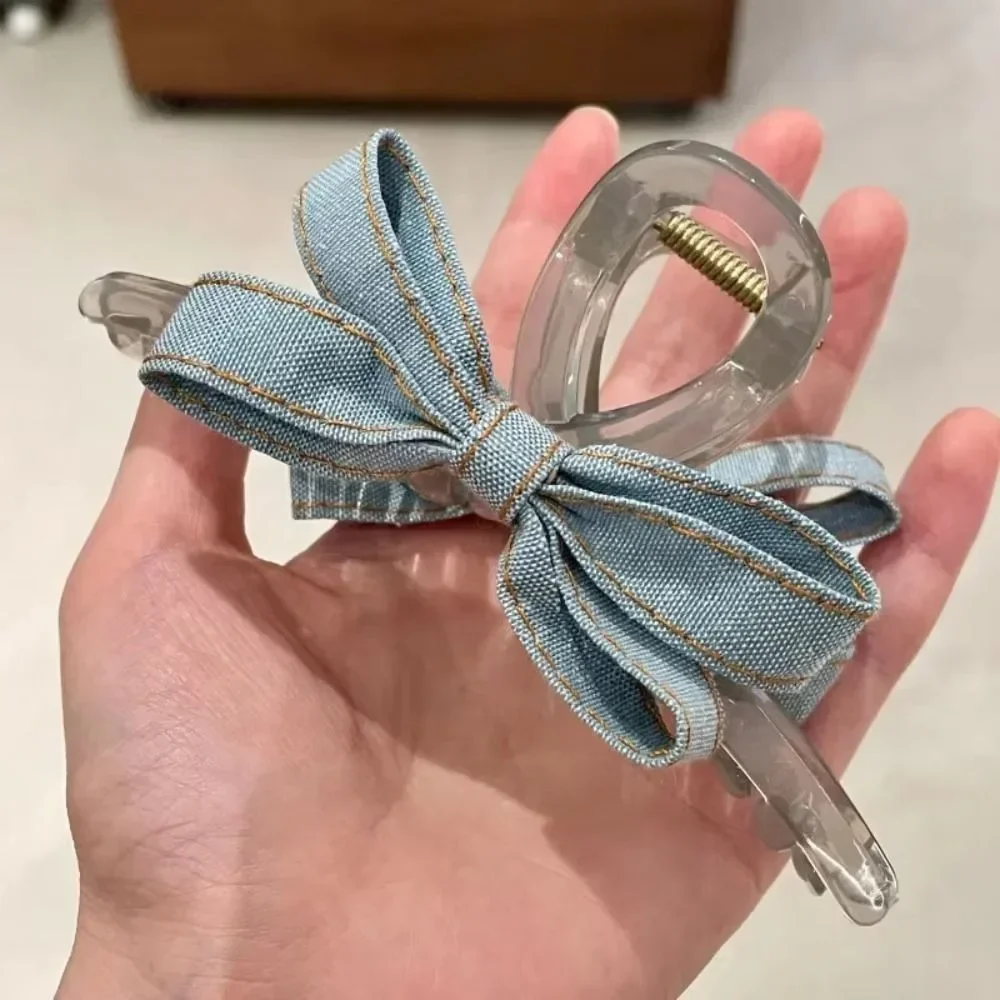 

Korean Fashion Denim Bow Hair Clip Large Size Shark Clip Grab Clip Blue Knot Stylish Hair Accessories for Women Girls