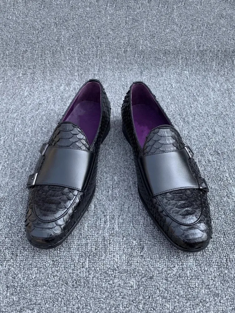 Gentleman Snake Skin Genuine Leather Monk Shoes Wedding Dress Shoes Buckle Slip On Loafers SpringBusiness Man Work Formal Shoes