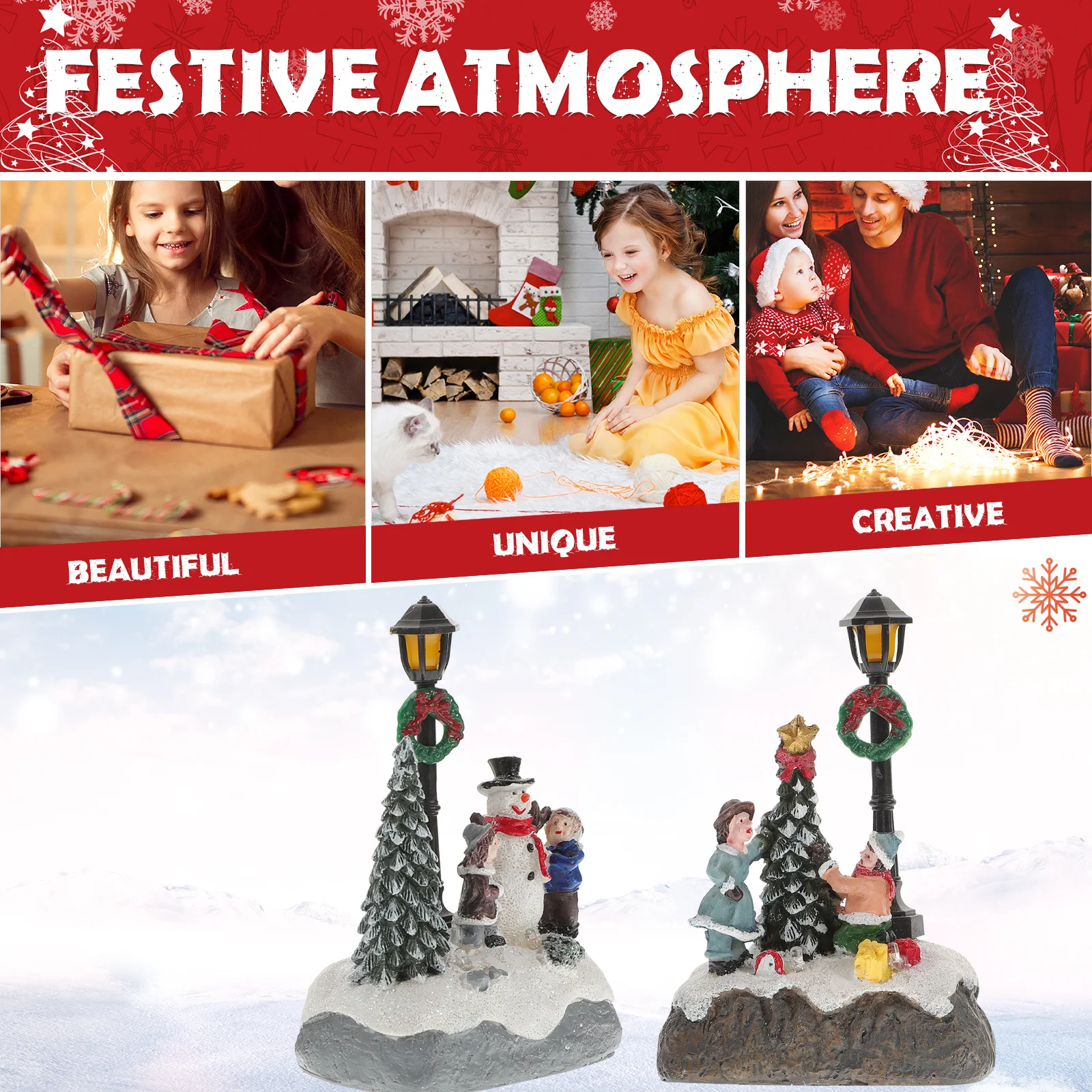 

2Pcs Resin Small House Chic Xmas Decorative Ornament Home Desktop Adornment Christmas Party Luminous Home Adornment