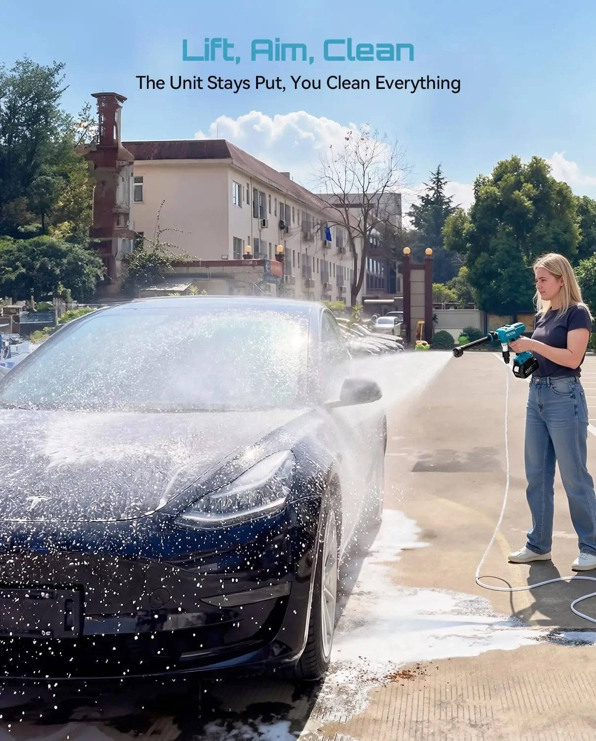 SEESII Cordless Pressure Washer Electric Power Washer with 4000mAh Battery Lightweight Washer Gun with 6-in-1 Nozzle & 27FT Hose Handheld Power Cleaner for Car Driveway Garden Patio & Fence