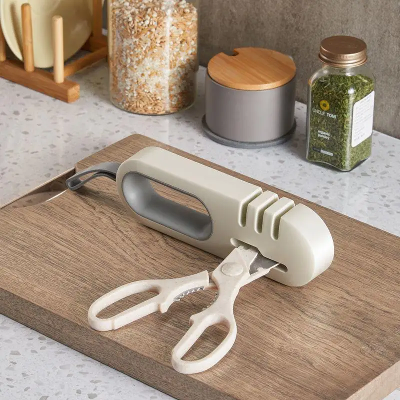 (BF06)Multi-Function White Grey Knife Sharpener Four-in-One Sharpening The Knife Scissors Available Anti-Slip Kitchen Sharpening
