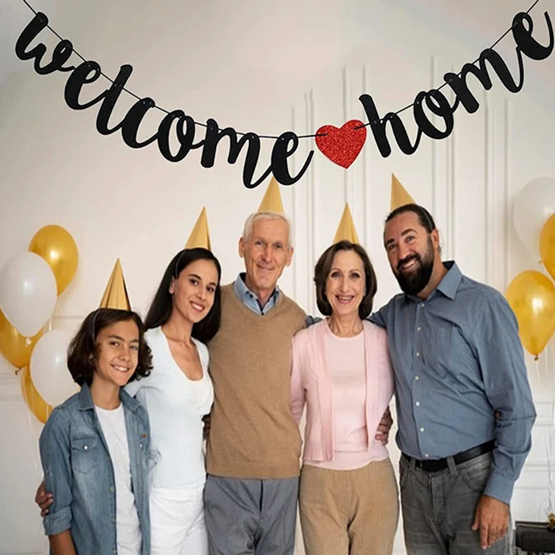 Welcome Home Banner Decoration Black Glitter Home Party Signs Decorative Flags For  Homecoming Theme Party Supplies