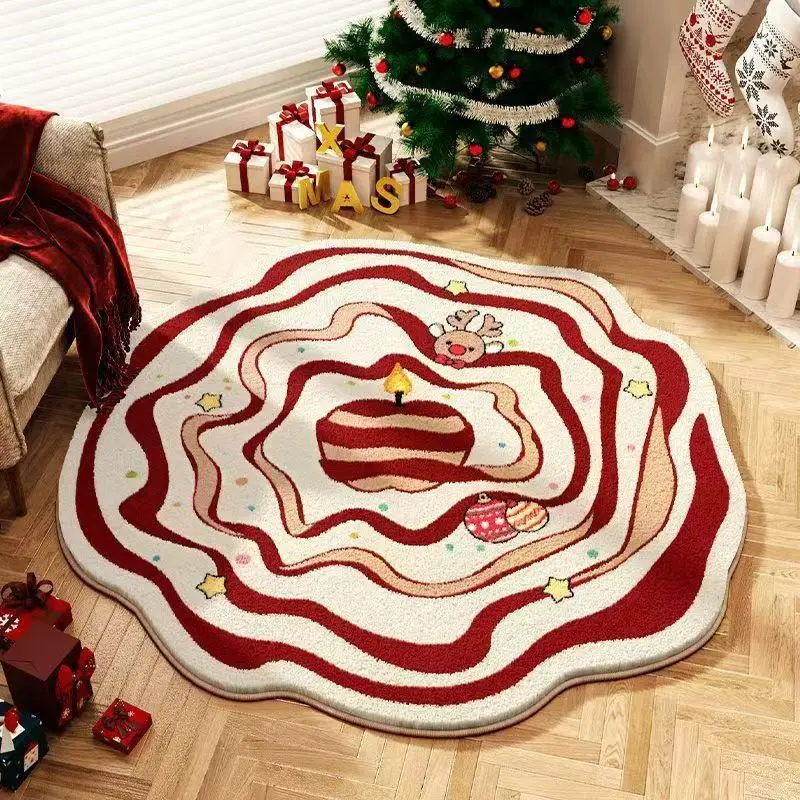 Christmas Round Fluffy Rug Non Slip Soft Shaggy Floor Carpet Holiday Decor Mat for Living Room Bedroom Sofa Bedside Home Decor