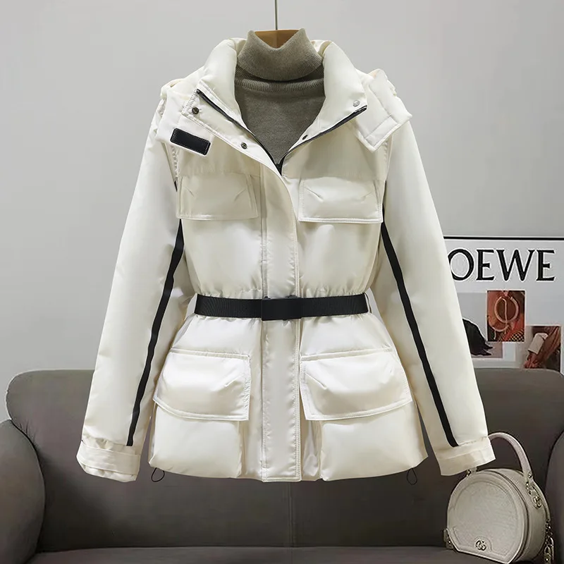

Women's Winter Outdoor Thickened Loose Warmer Long Jacket Female Cotton Padded Hooded Collar Snow Parka With Belt Coat