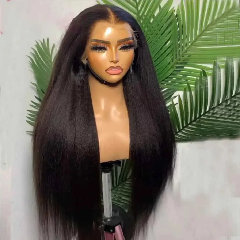 Soft Yaki  26Inch 180Density Black Kinky Straight Long Lace Front Wig For Women With Baby Hair Preplucked Daily Glueless