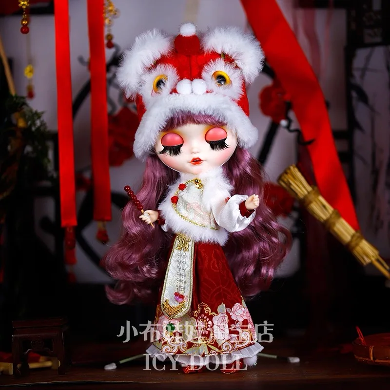 

ICY DBS Blyth Doll Clothe New Year Festive Lion Head Hat+Ancient Style Red Retro Skirt Set For OB24 Azone Doll Cosplay Dress Up