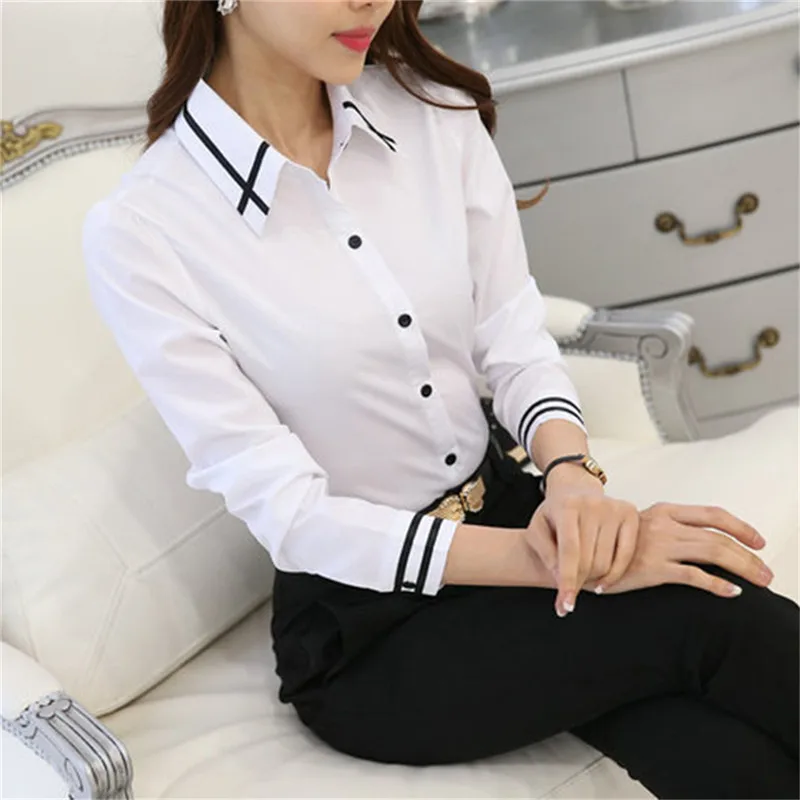 women\'s Business Formal Wear long-sleeved Slim Fit Professional Female Shirt turn-down Collar Solid Color Tops For Ladies