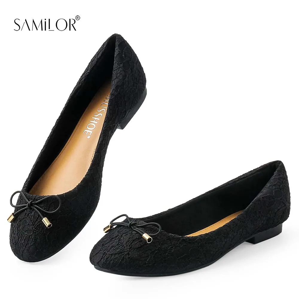 

Samilor Bow-Knot Embroider Lace Ballet Flats Women Espadrilles Slip On Breathable Antiskid Pregnant Shoes Women Ballerina