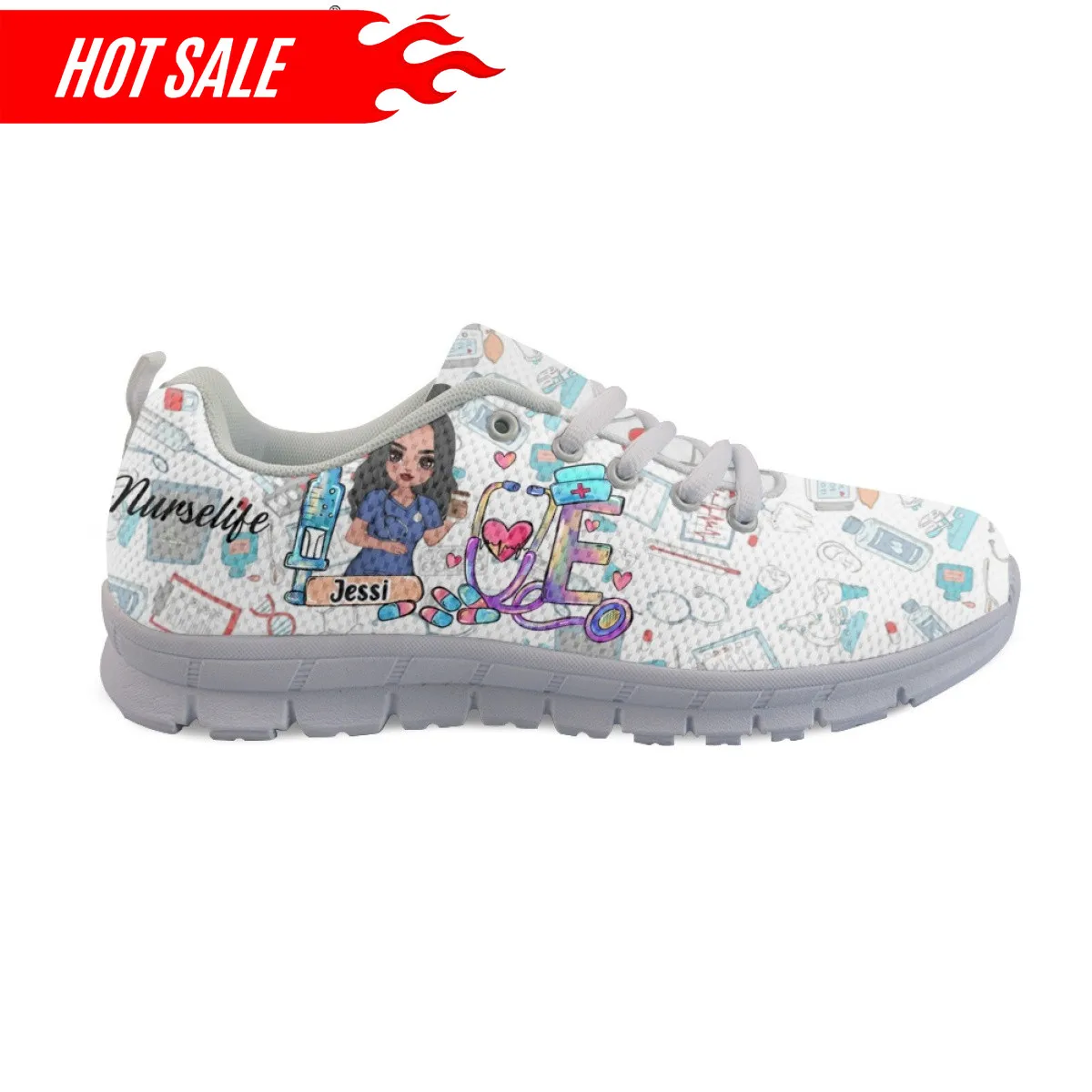 Cute Cartoon Nurse Shoes Paramedic Nursing Shoe for Women Female Running Sneakers Light Mesh Flats Girls Footwear