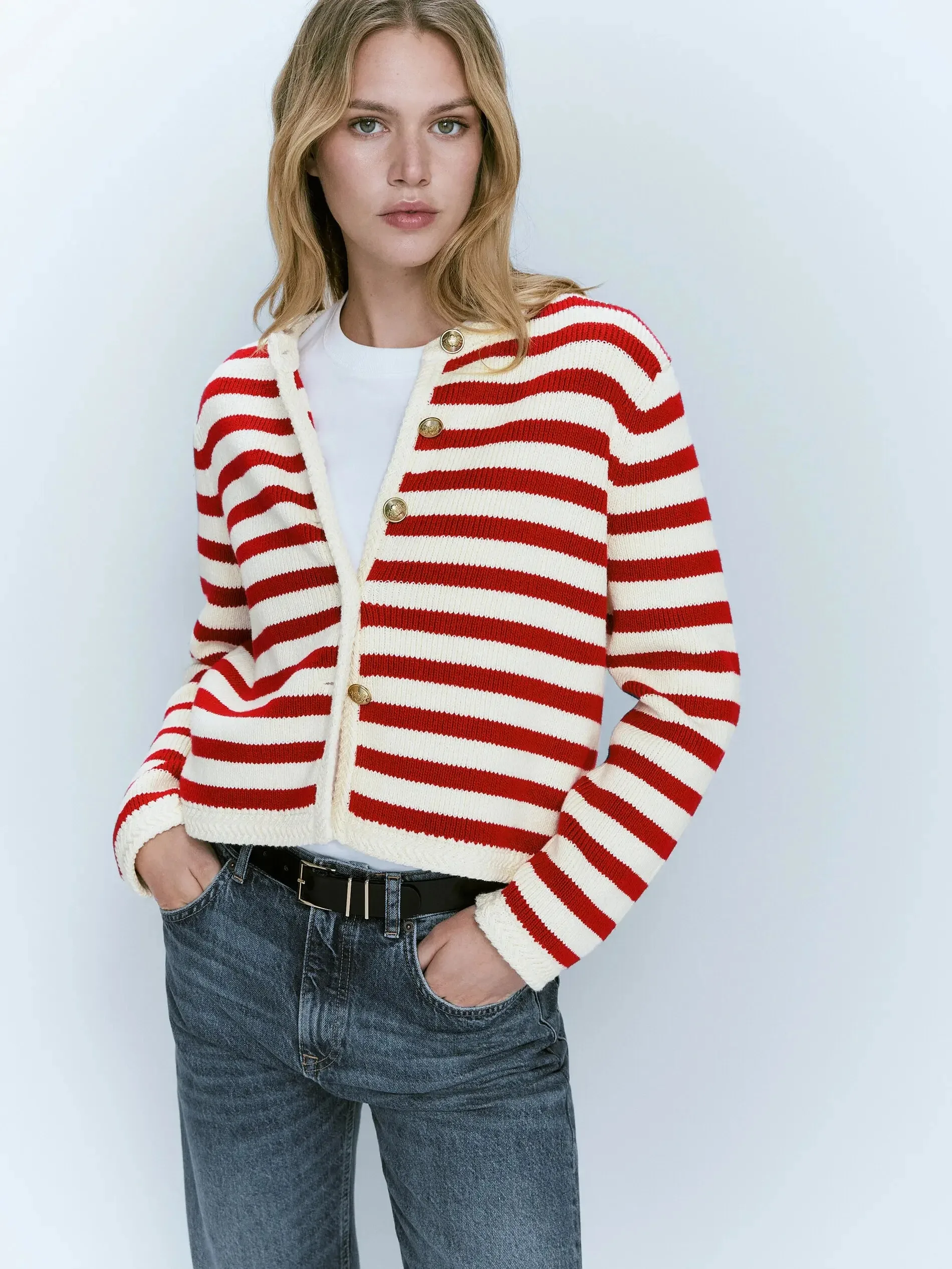 

Ethereal MD 2026 YAZHIMEI women's spring new style of Slim-fit commuter buckle classic striped cardigan for women