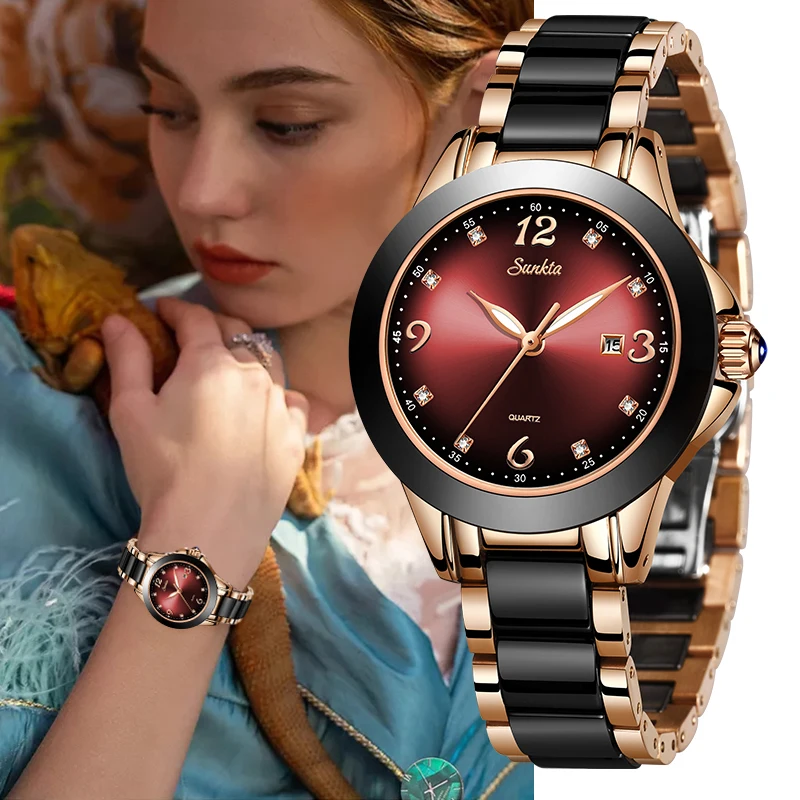 

SUNKTA New Watch Women Fashion Bracelet Wristwatch Luminous Hands Date Ceramics Strap Quartz Wrist Watches Ladies Clock Gift+Box