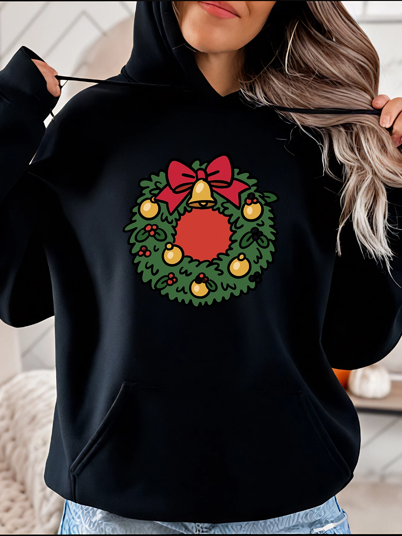 Weihnachts-Kapuzenpullover mit Kranz-Aufdruck, lässiges Damen-Sweatshirt für die Wintersaison