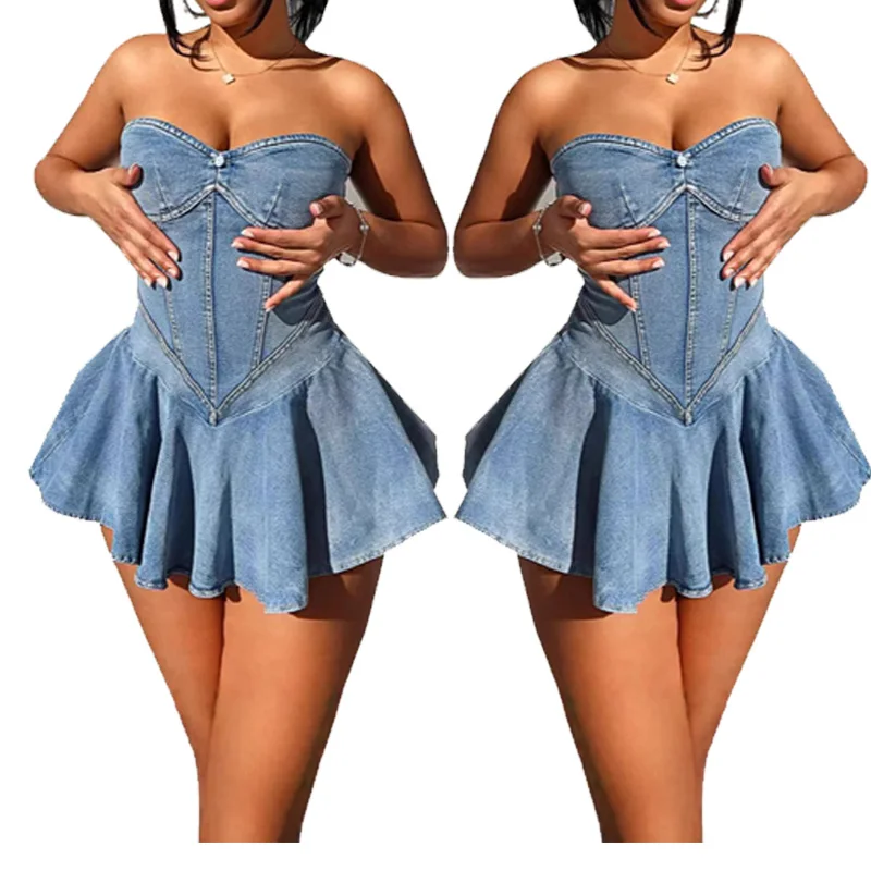 

Women's chest wrapped denim skirt sleeveless fashionable temperament denim sexy party night scene spicy girl A-line mini dress