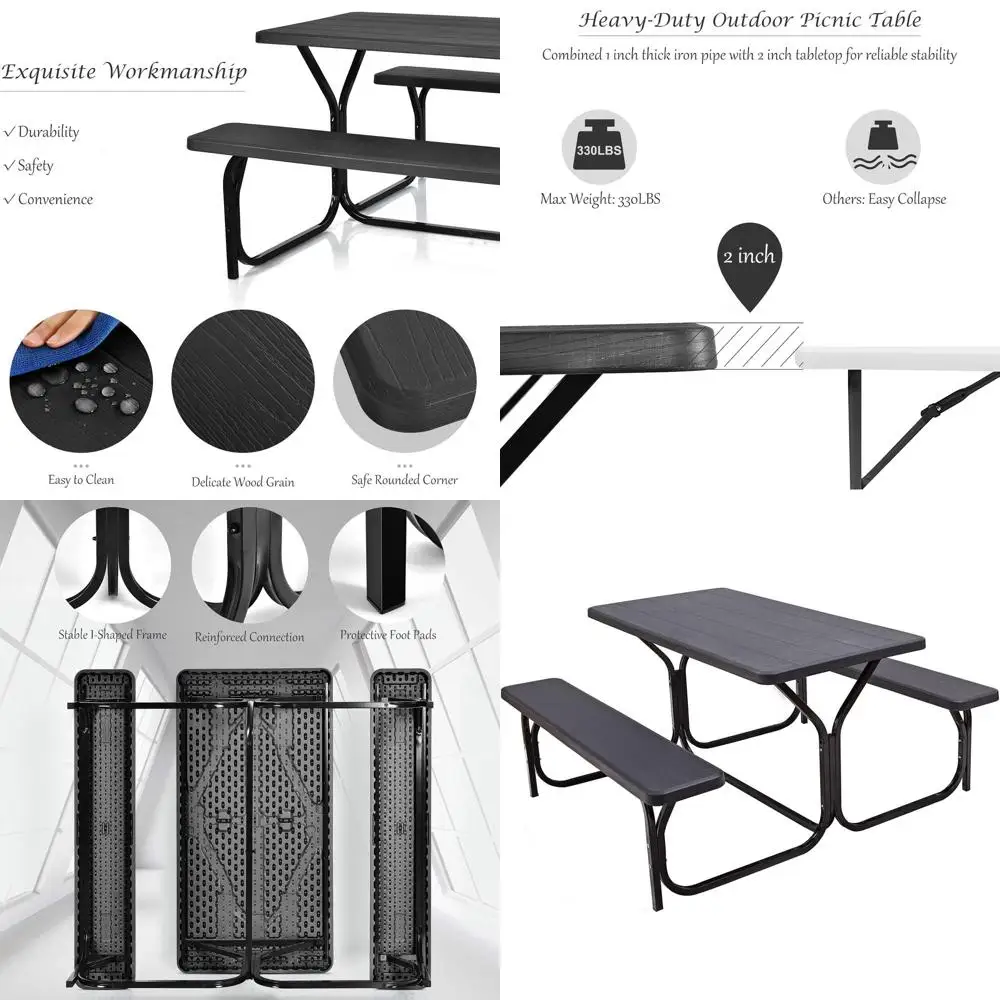 Conjunto de Bancos de Picnic con Base de Metal Resistente a la Intemperie, con Textura Similar a la Madera, Ideal para Patio Trasero, Piscina y Jardín