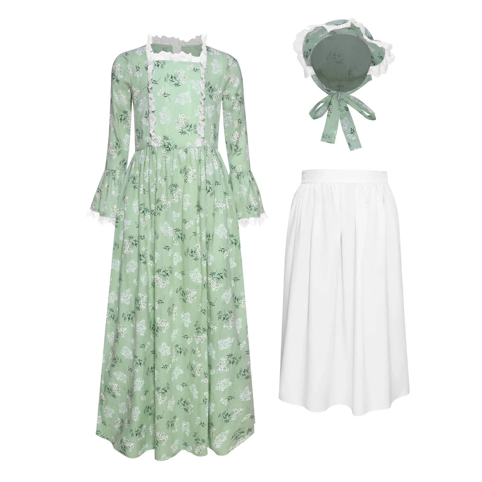 

Kids Girls Prairie Costume Cosplay Dress Floral Print Ruffled Decoration Square Neck Flare Sleeve Pioneer Dress and Half Apron