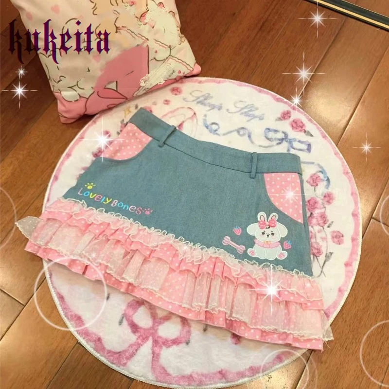 Kukeita-Jupes Courtes en Denim Style Harajuku Lolita, Mini Jupes Plissées en Dentelle, à Pois, à Volants, Kawaii, Japonaise Sweet Y2k, pour Bol