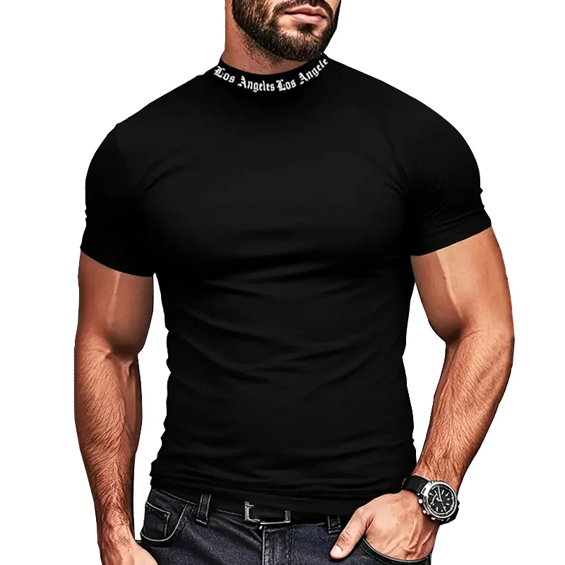

Los Angeles Print Mock Neck Short Sleeve Compression Shirt for Men Gym Workout Running T-Shirts Undershirts Baselayers Tees Tops