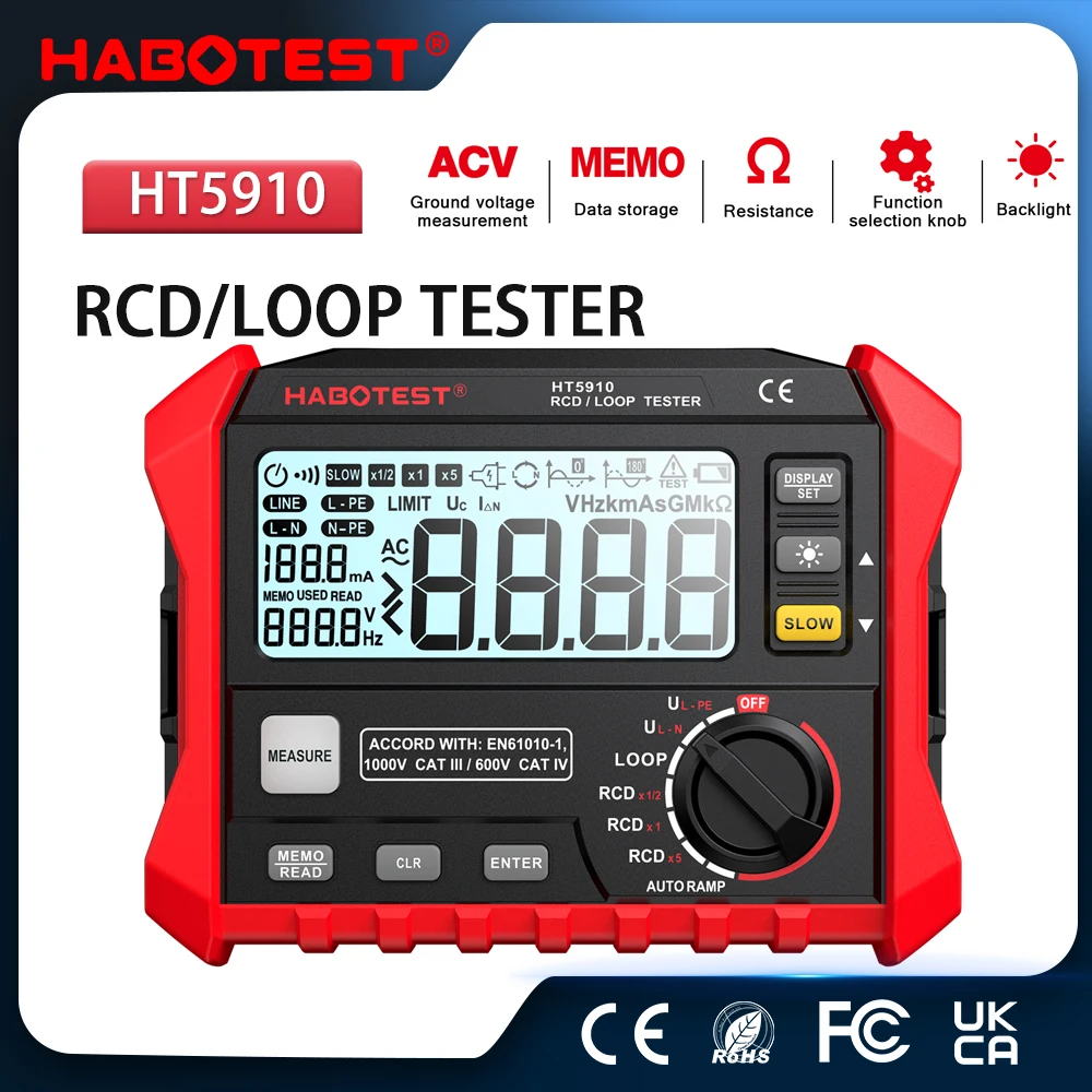 HABOTEST HT5910 Misuratore di resistenza Tester per interruttori di dispersione LCD Ohmmetro digitale RCD Loop 1000 Archiviazione dati Voltmetro Megohmmetro