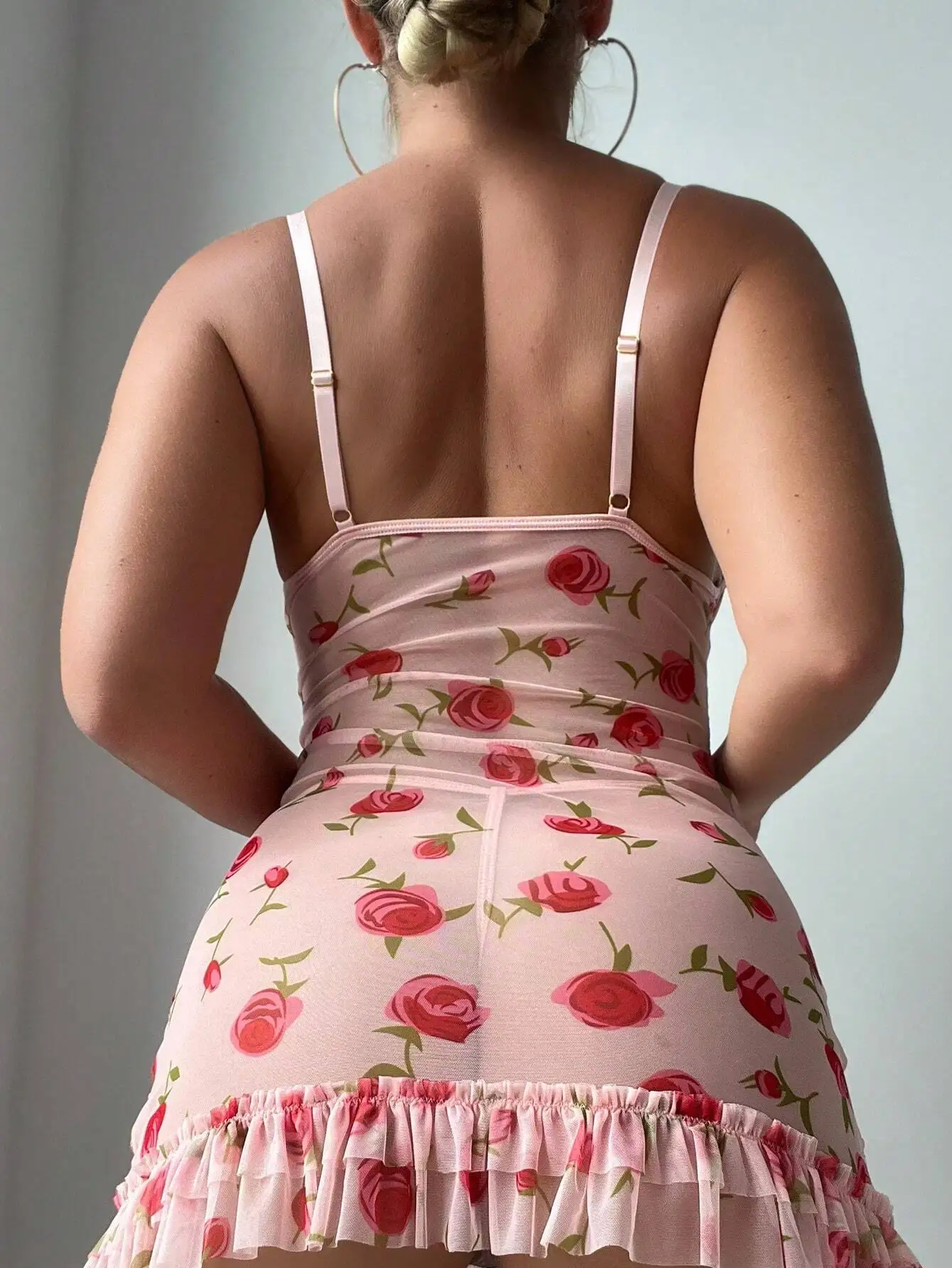 Pink Floral Ruched Lingerie Dress with Ruffle Hem and Underwire Support