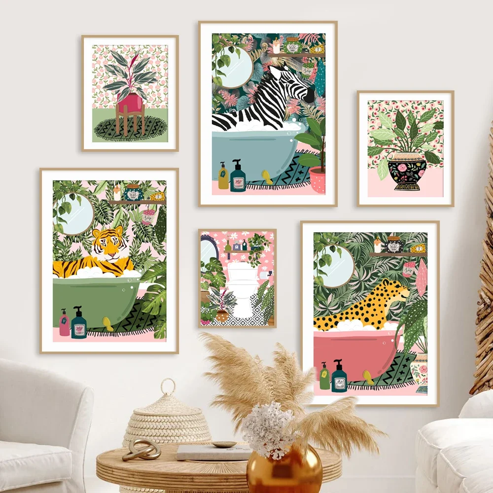 

Bathtub Animals Tropical Plant Zebra Leopard Tiger Giraffe Wall Art Canvas Poster Prints Wall Picture Bathroom Living Room Decor