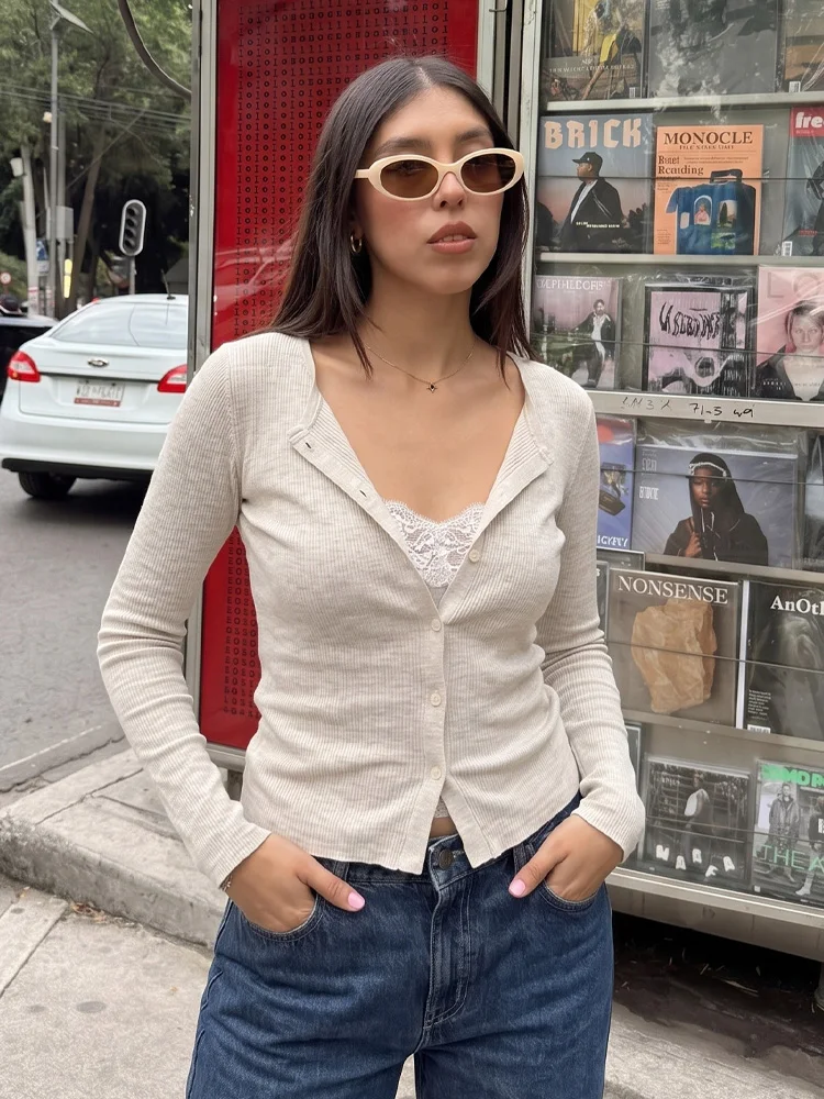 HH Women Casual Style Knitted Cardigan Long Sleeve Single Breasted Lace Spliced ​​Beige Top Autumn Festival Evening Shirt Blouse